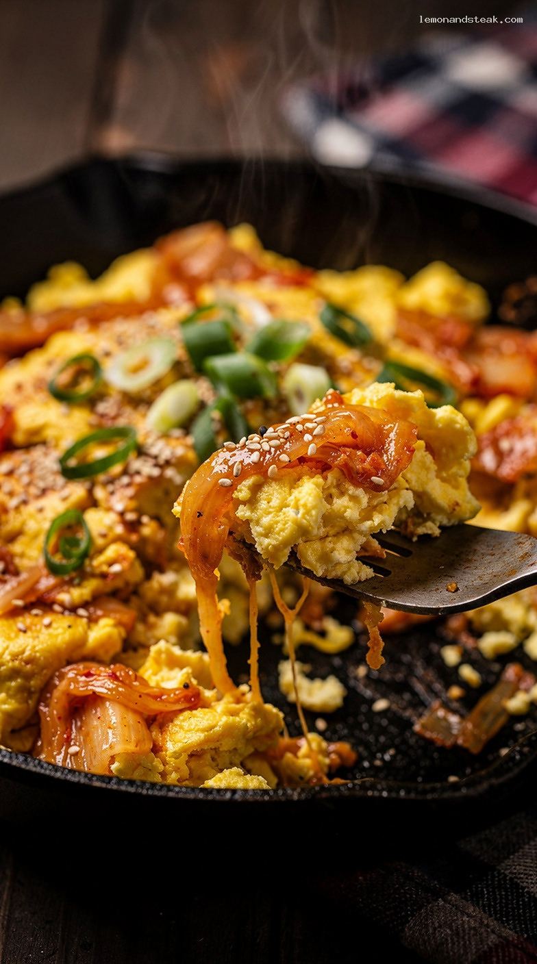 Soft Scrambled Eggs with Sautéed Kimchi – Closeup