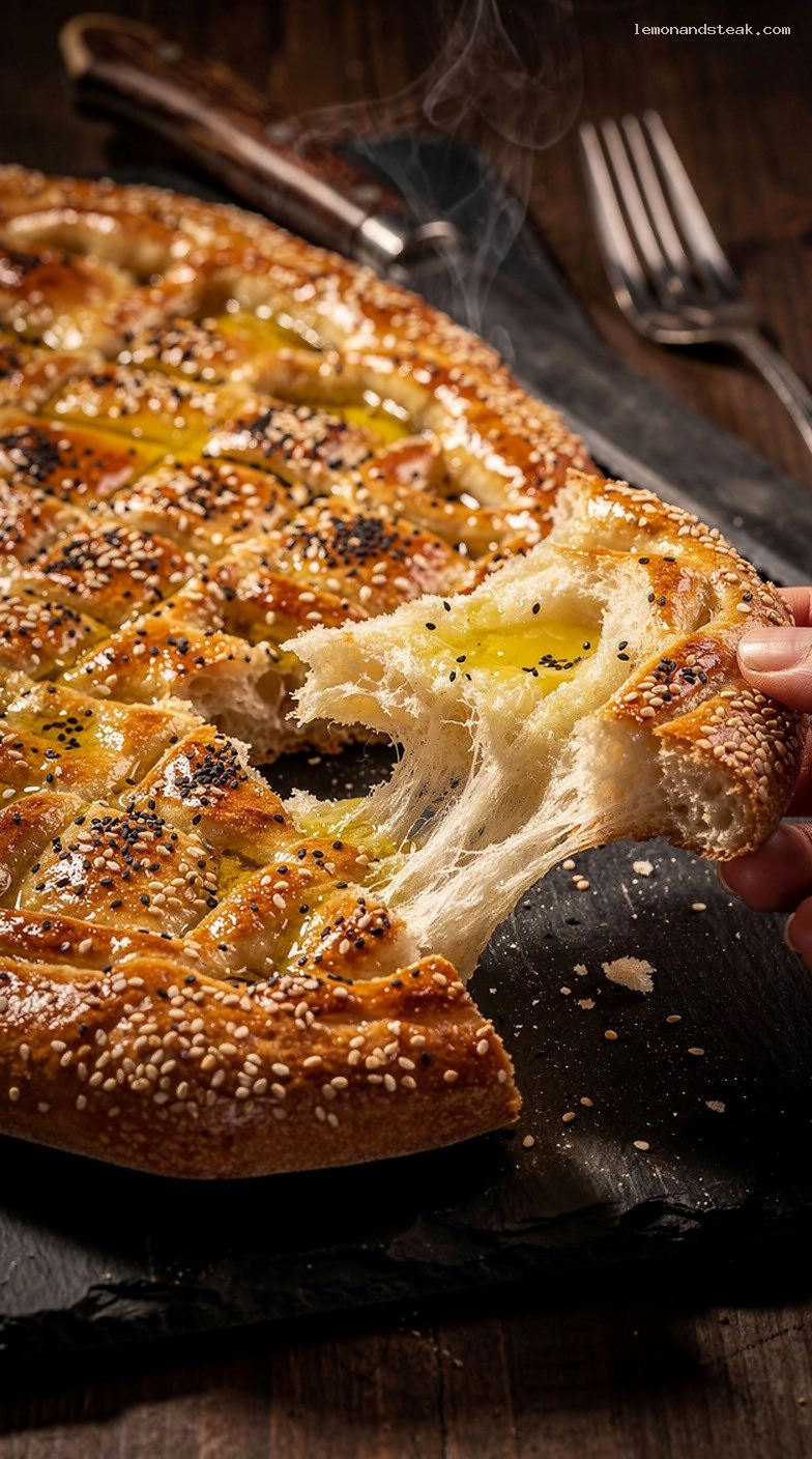 Soft Turkish Pide Bread With Olive Oil and Sesame Seeds – Closeup