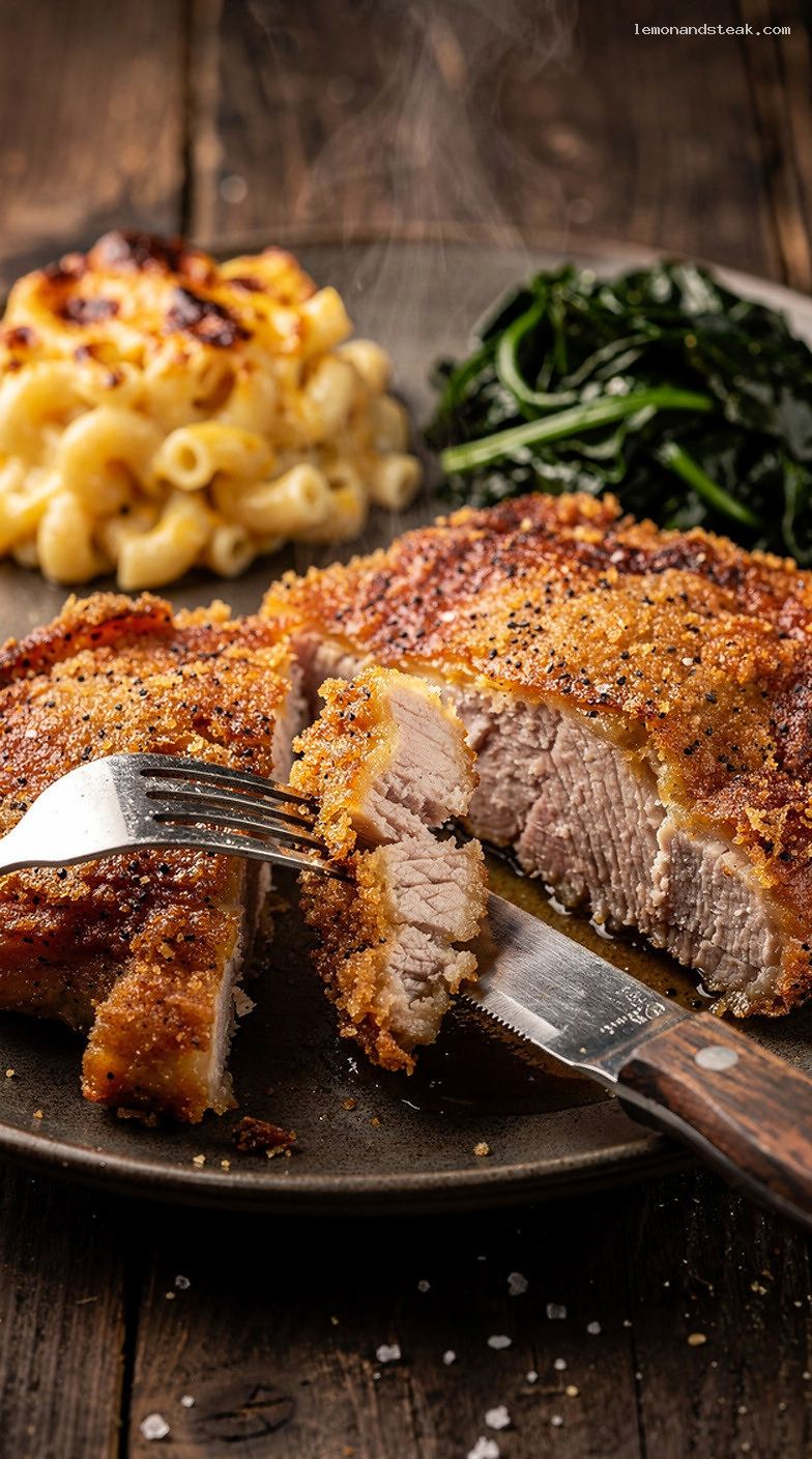 Southern Fried Pork Chops With Collard Greens and Mac and Cheese – Closeup