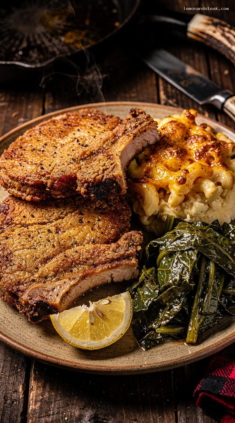 Southern Fried Pork Chops With Collard Greens and Mac and Cheese