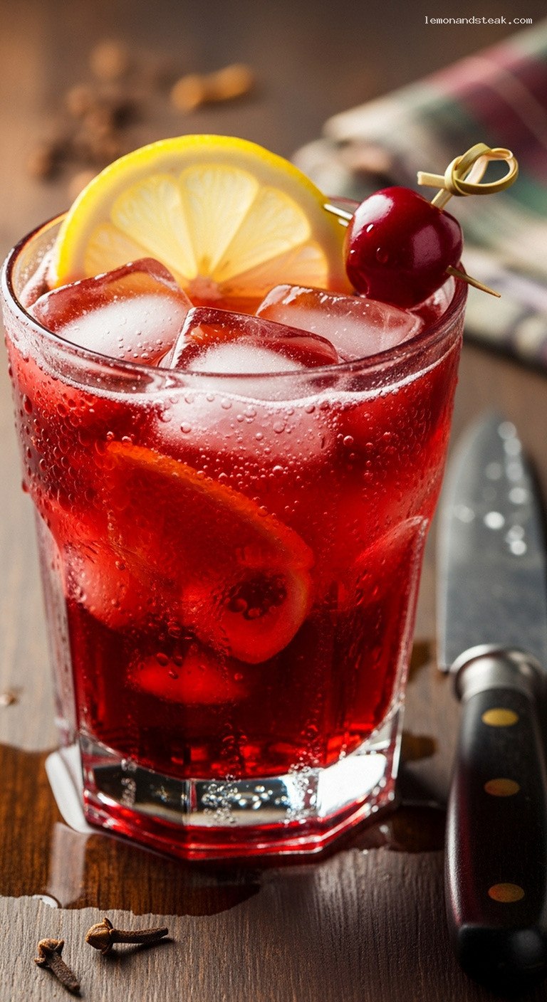 Spiced Cherry Iced Tea with Lemon and Cloves – Closeup