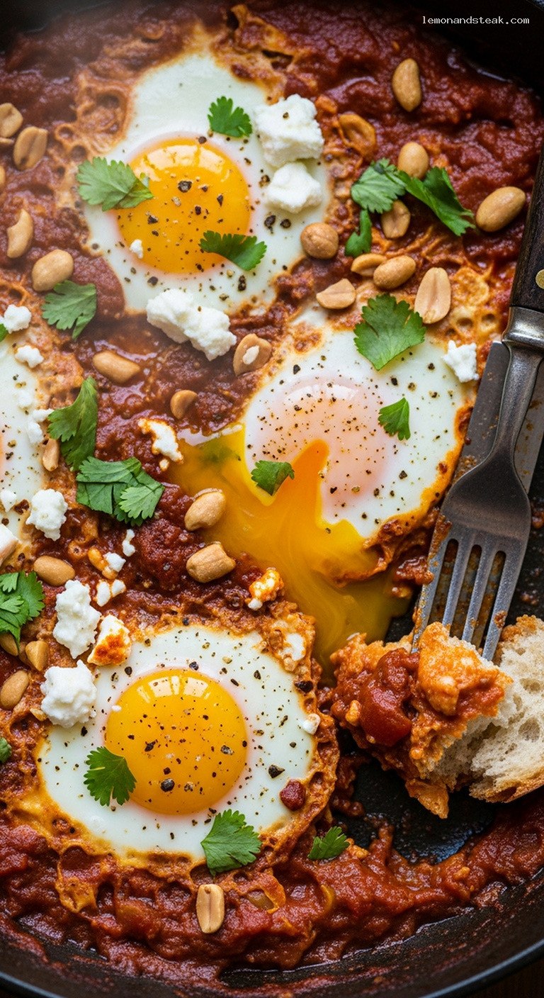 Spiced Peanut Butter Tomato Shakshuka With Poached Eggs – Closeup