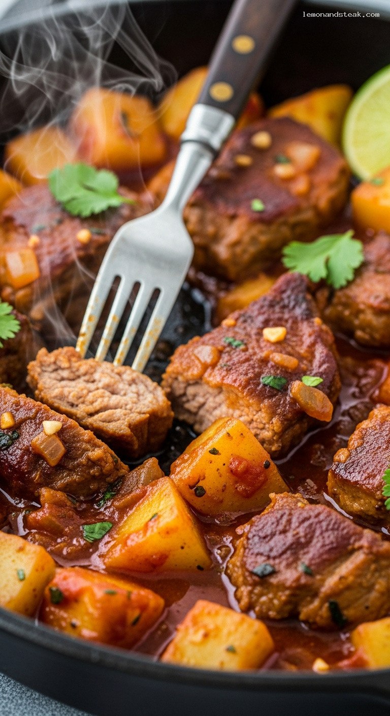 Spicy Adobo Pork and Potato Skillet – Closeup