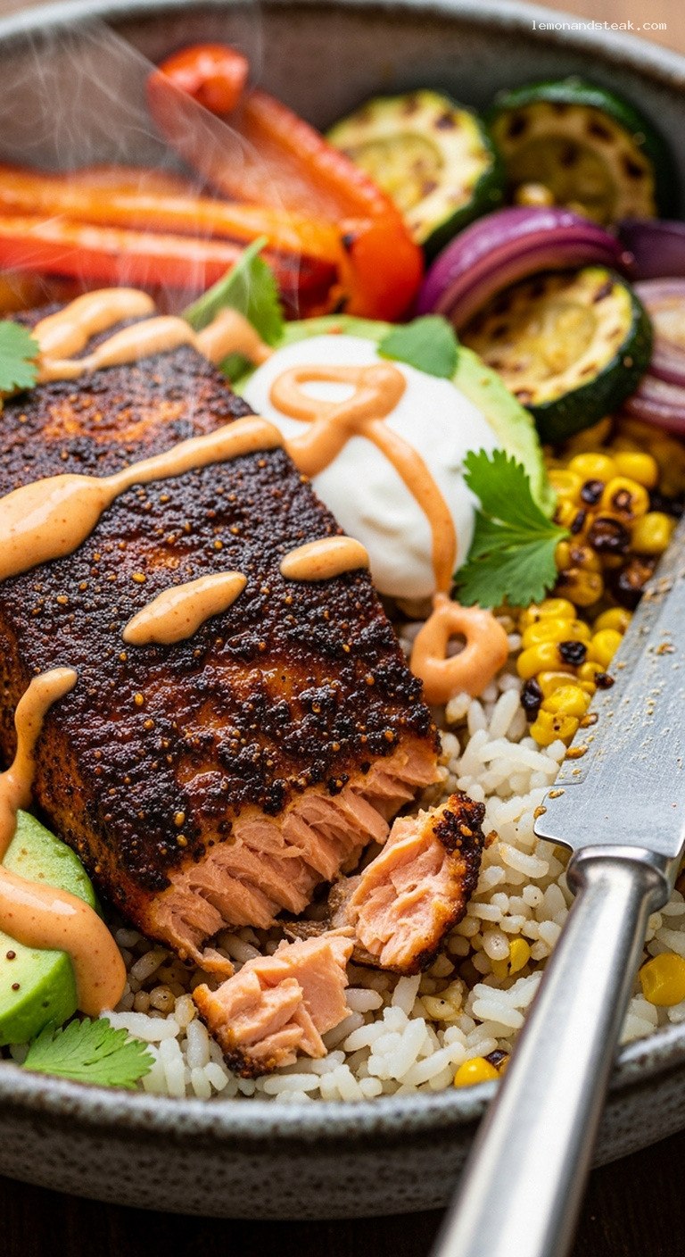 Spicy Blackened Cajun Salmon Bowls With Chili Yogurt – Closeup