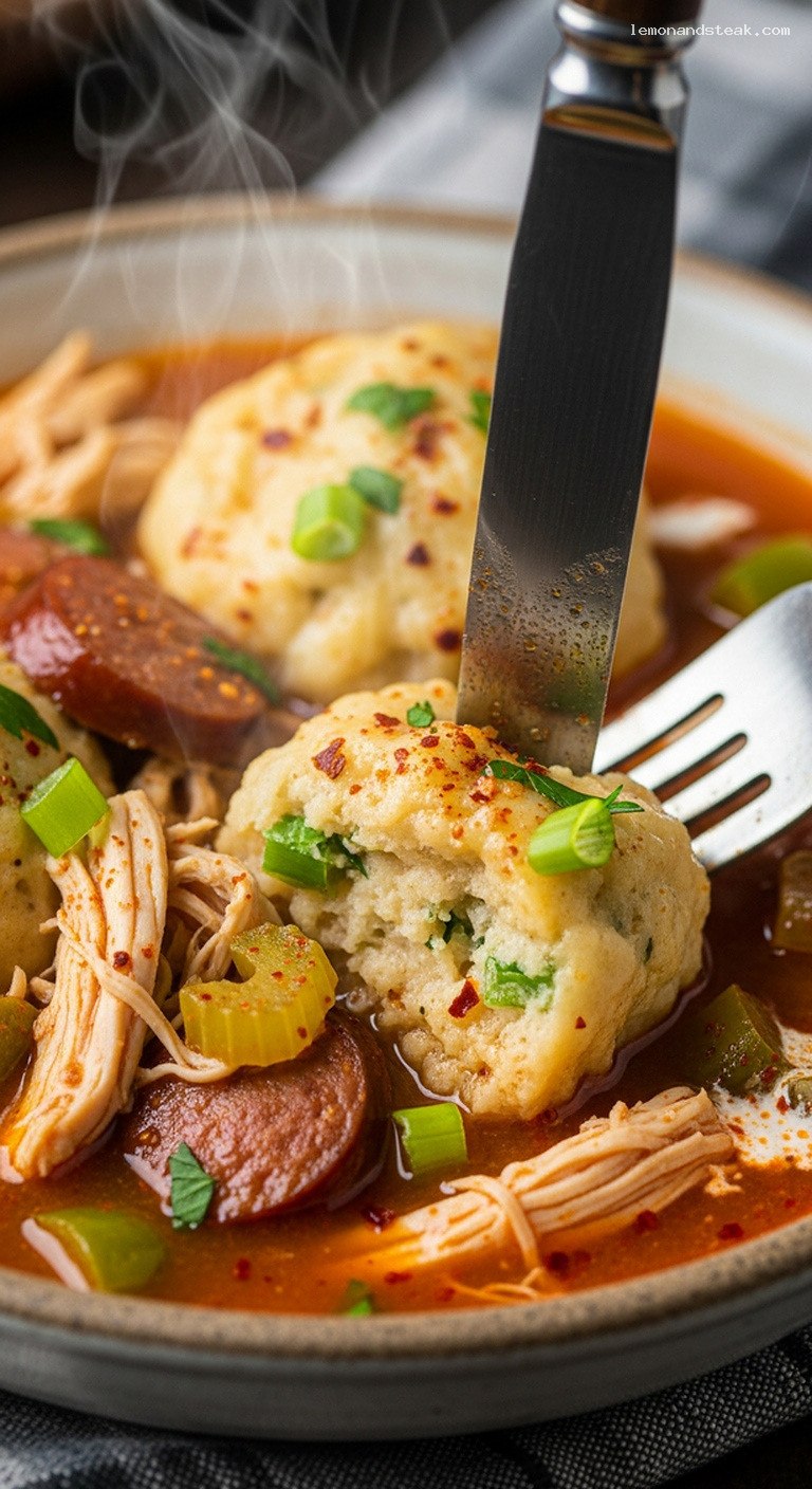 Spicy Cajun Chicken and Dumplings – Closeup