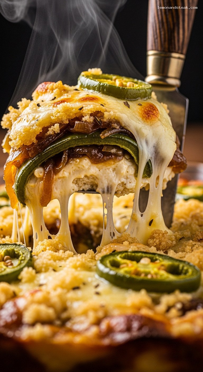 Spicy Caramelized Onion and Pepper Jack Casserole – Closeup