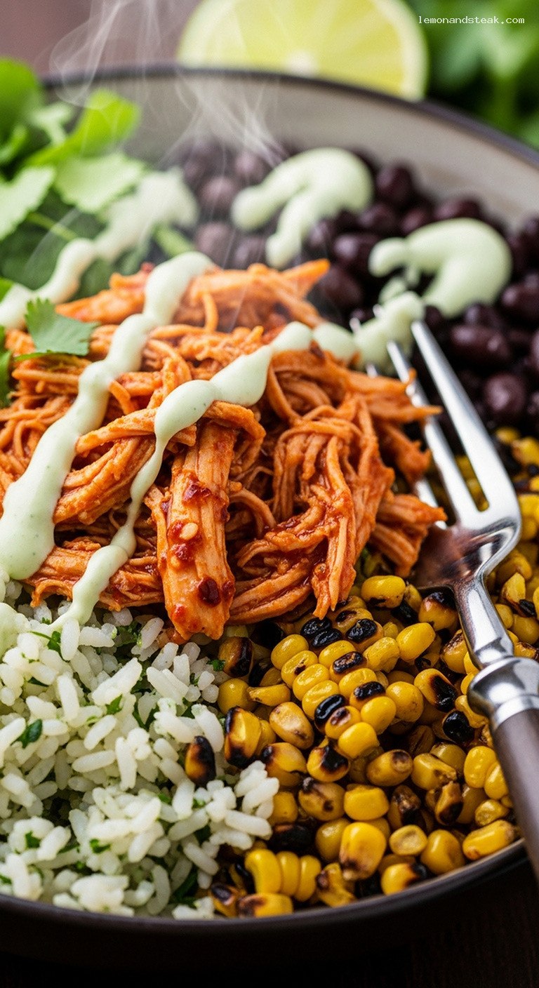 Spicy Chili-Lime Chicken Burrito Bowls with Jalapeño Crema – Closeup