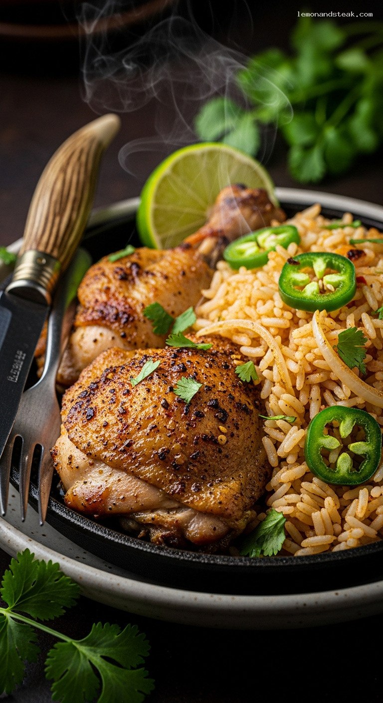 Spicy Cilantro Jalapeño Lime Chicken and Rice Bake – Closeup
