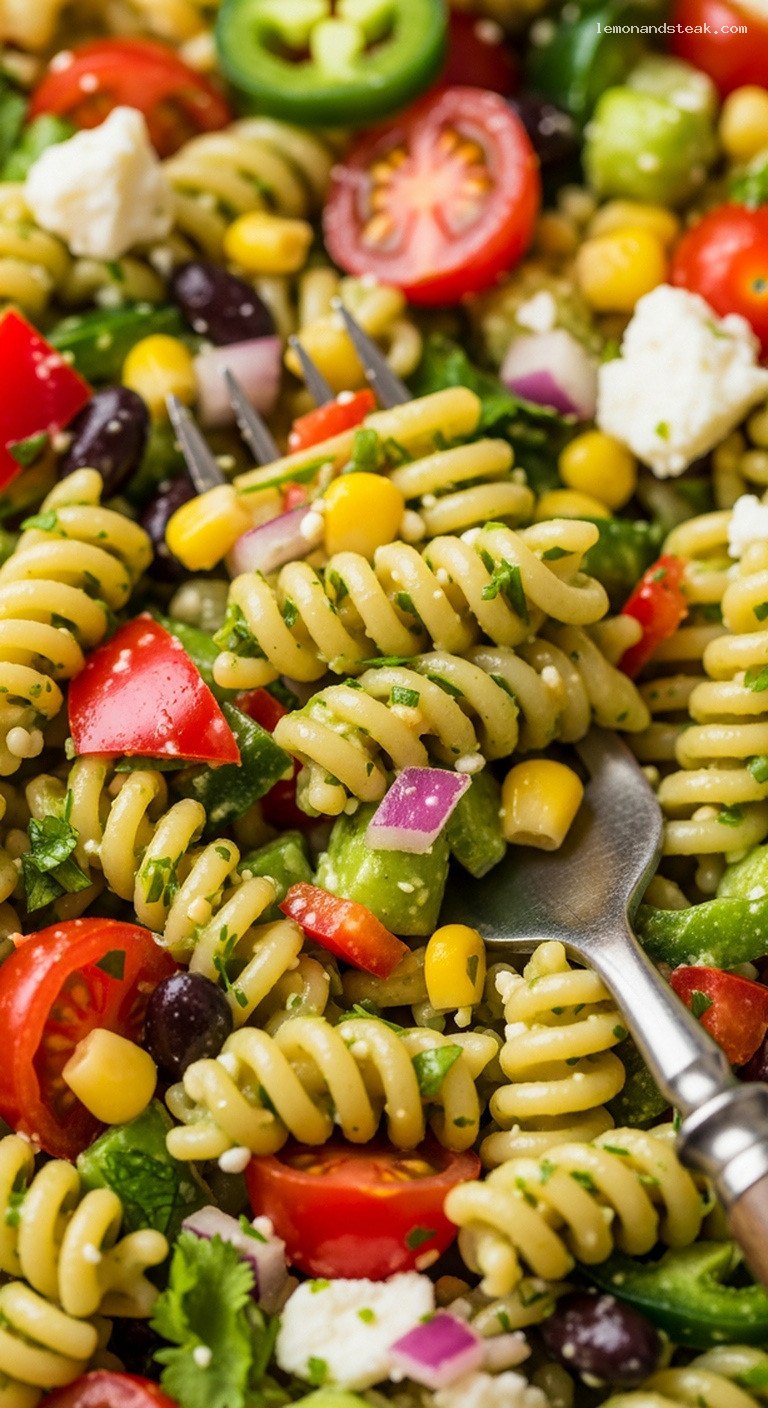Spicy Cilantro Jalapeño Pasta Salad with Crunchy Veggies – Closeup