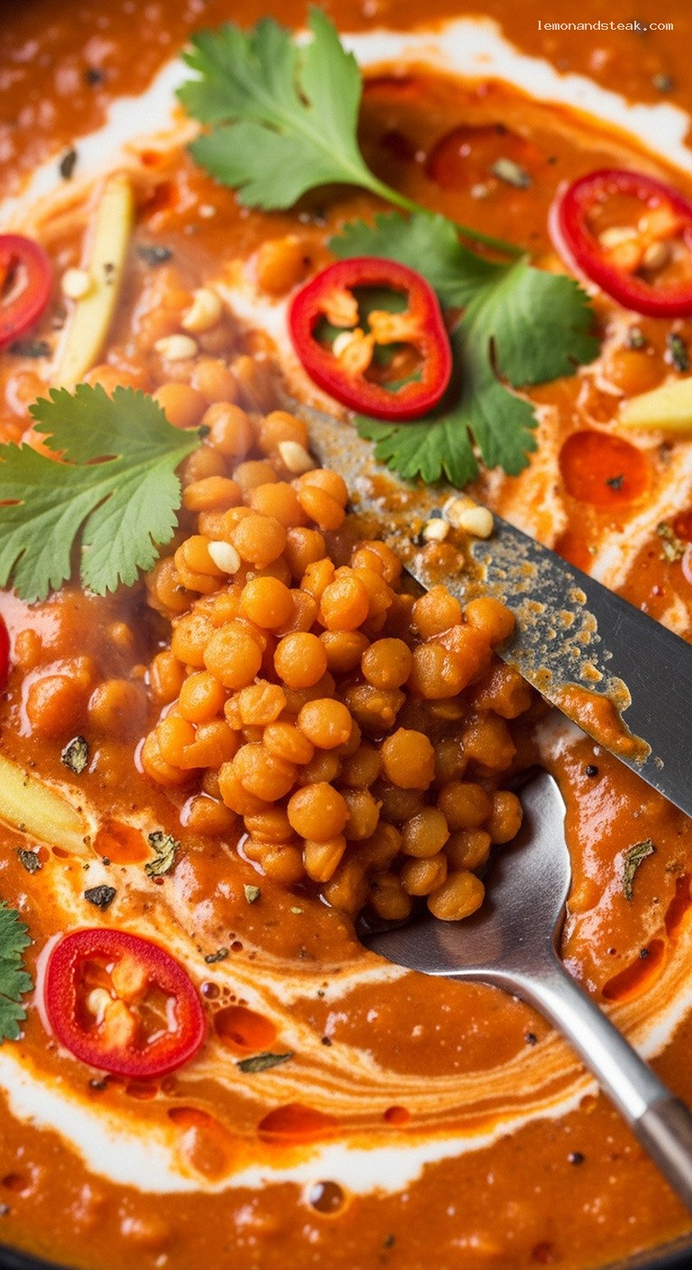 Spicy Coconut Red Lentil and Tomato Dal – Closeup