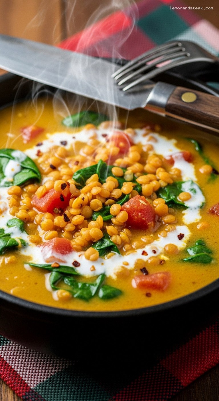 Spicy Coconut Turmeric Red Lentil Stew – Closeup