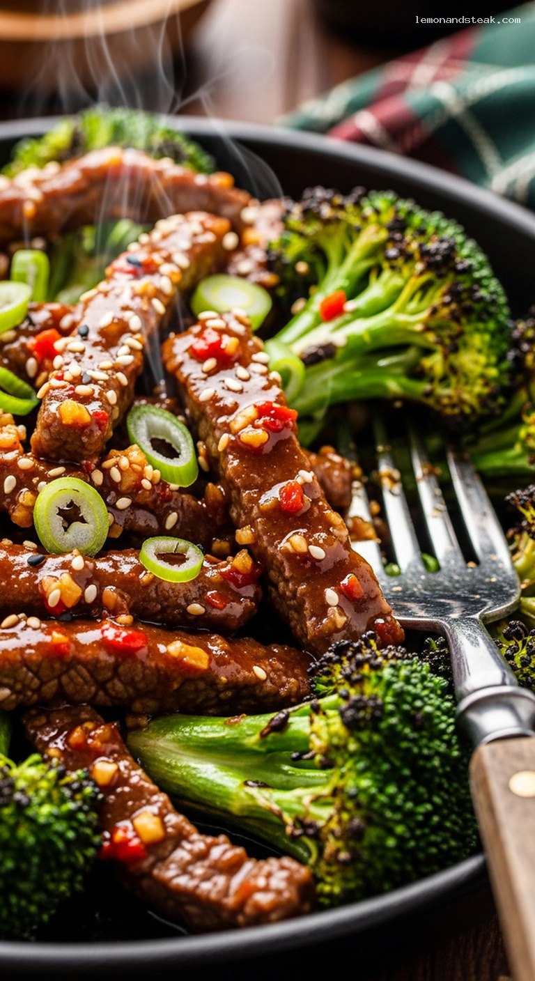 Spicy Garlic Beef Stir-Fry with Charred Broccoli – Closeup