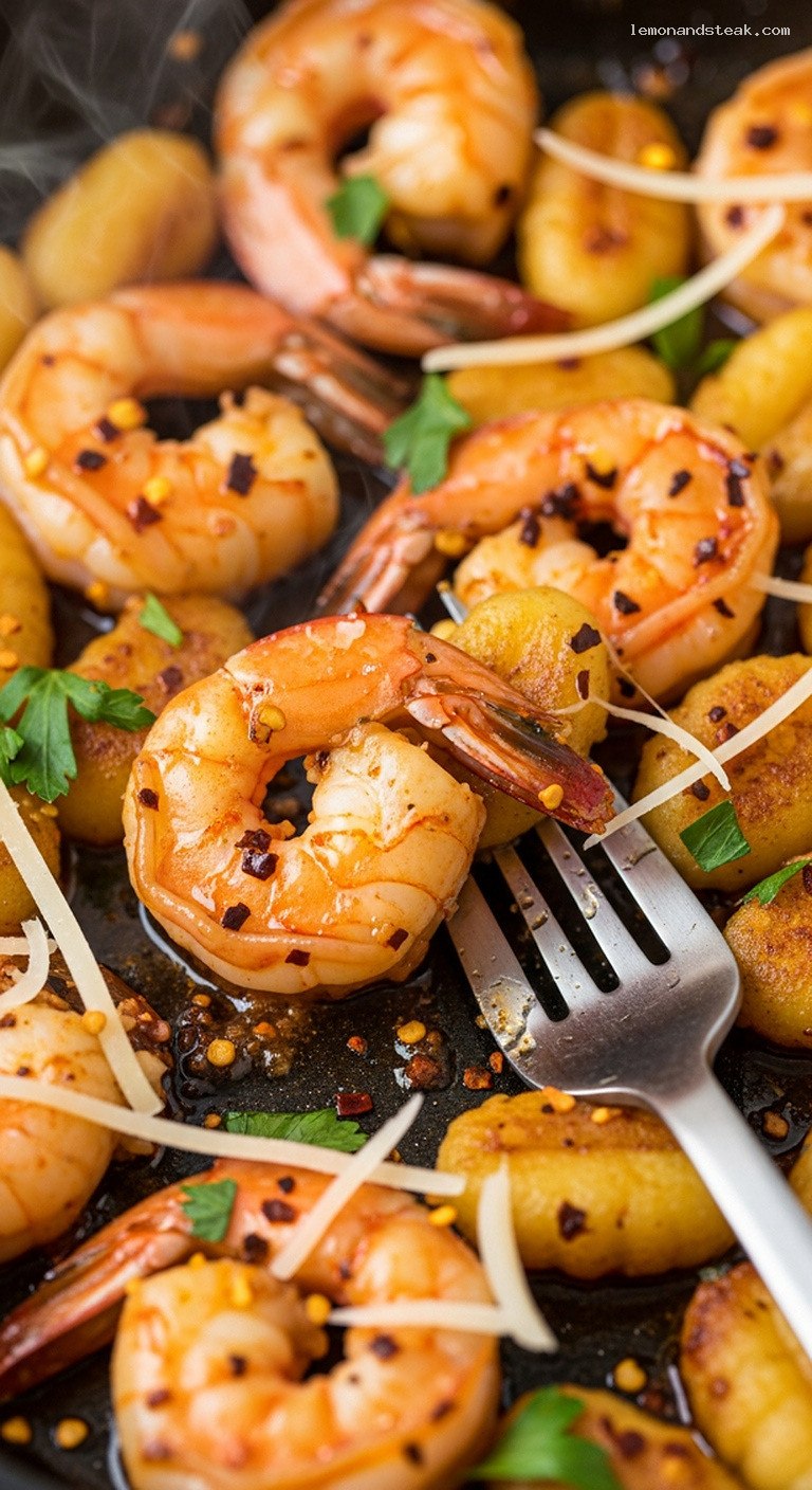 Spicy Garlic Butter Shrimp and Gnocchi Skillet – Closeup