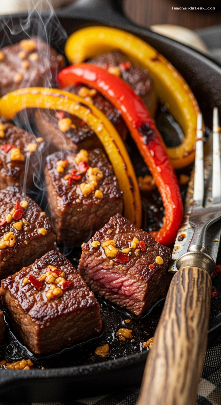 Spicy Garlic Butter Steak Bites with Peppers – Closeup