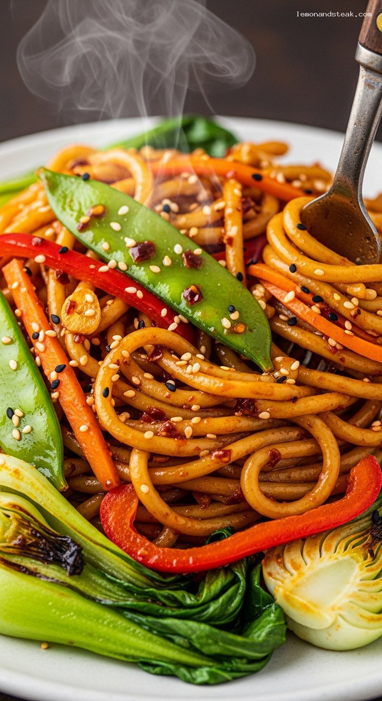 Spicy Garlic Chili Noodle Stir-Fry with Veggies – Closeup
