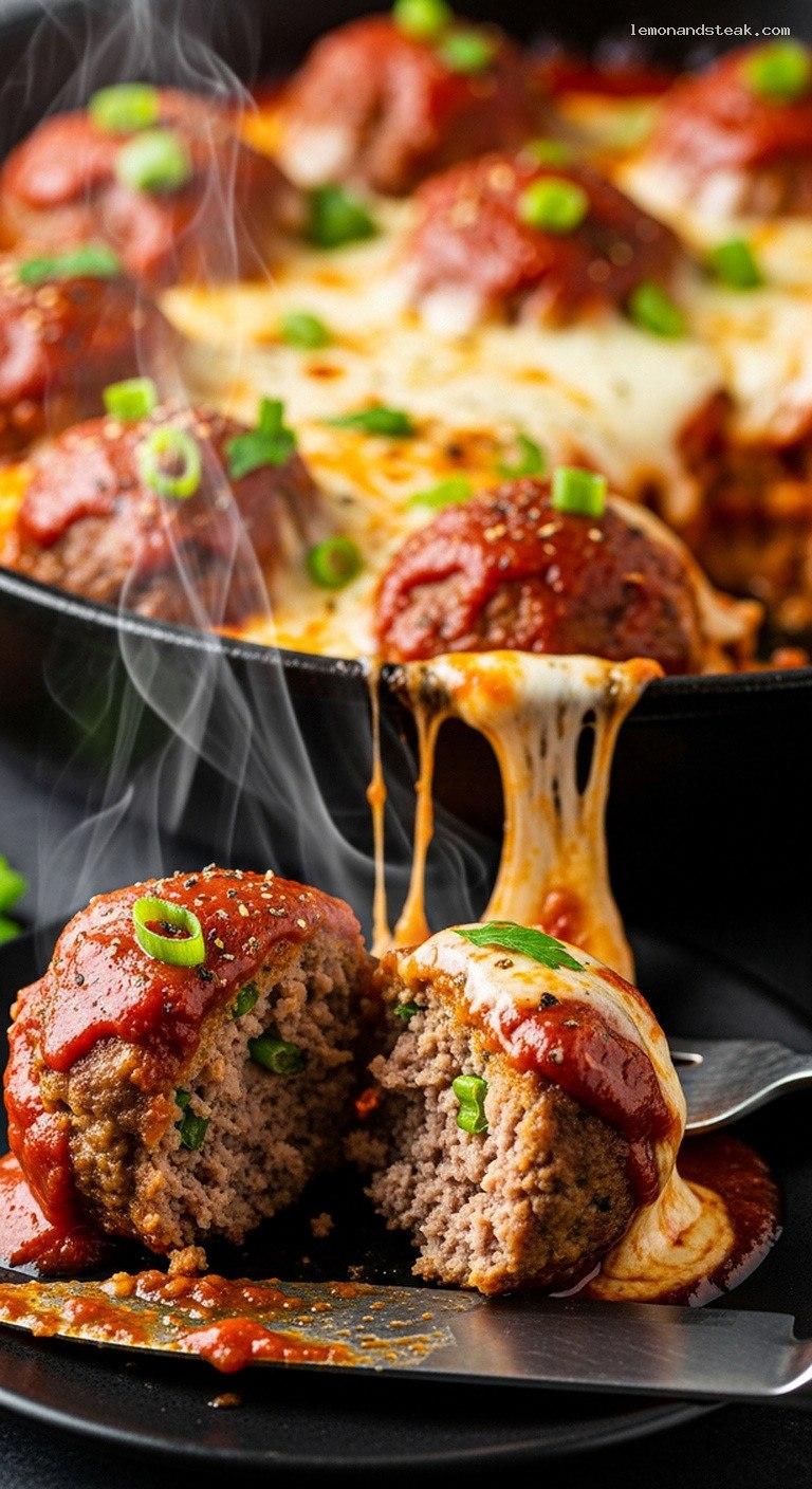 Spicy Garlic Sriracha Meatball Bake with Mozzarella – Closeup