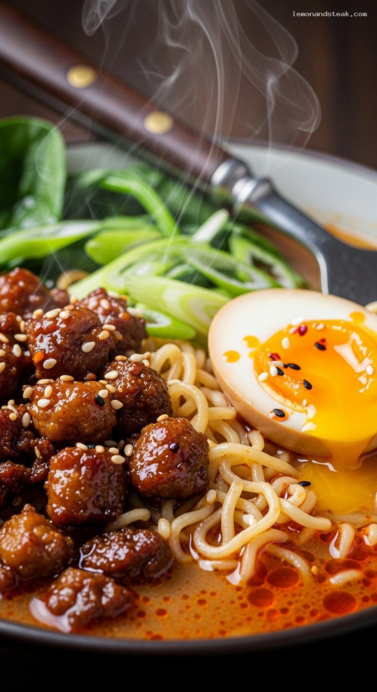 Spicy Ginger Pork Ramen Bowls With Soft-Boiled Eggs – Closeup