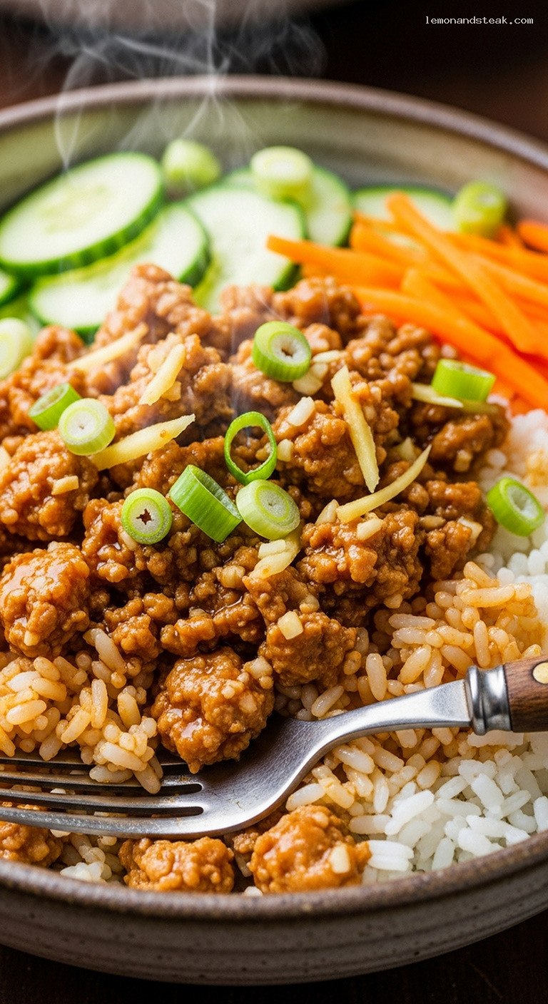 Spicy Ginger-Scallion Ground Turkey Rice Bowls – Closeup