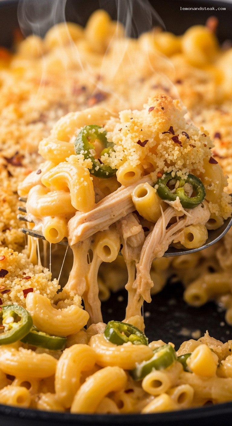Spicy Green Chili Chicken Mac and Cheese Bake – Closeup