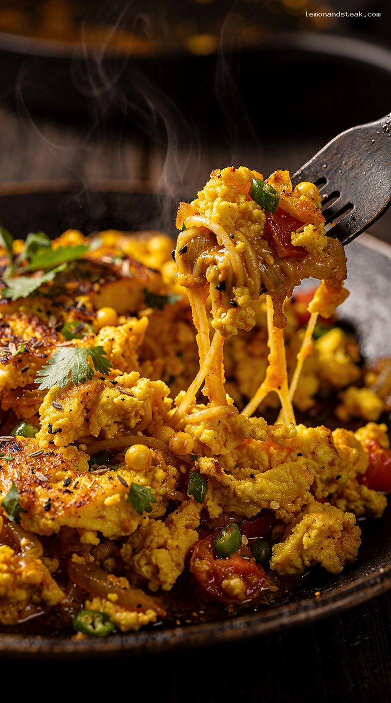 Spicy Indian Egg Bhurji With Onions, Tomatoes, and Chilies – Closeup