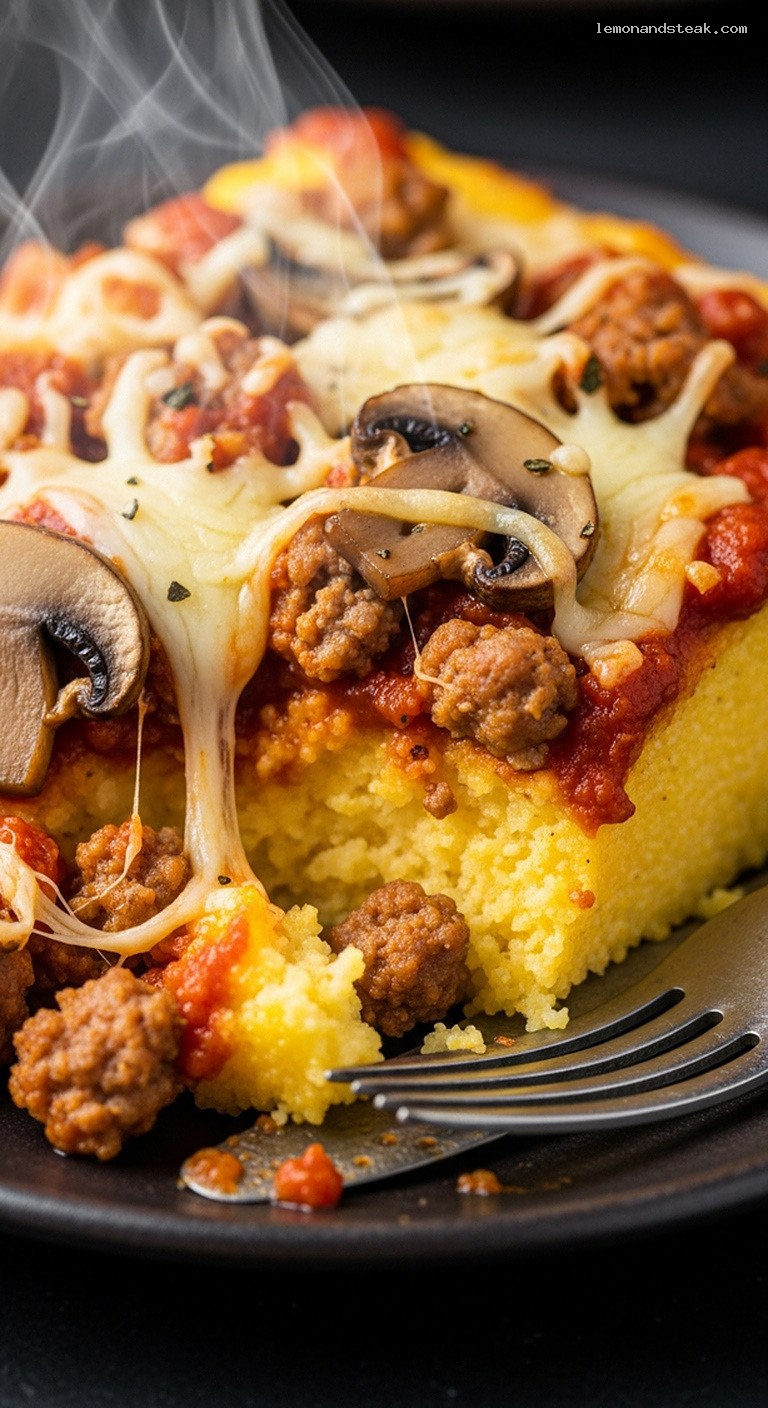 Spicy Italian Sausage and Mushroom Polenta Bake – Closeup