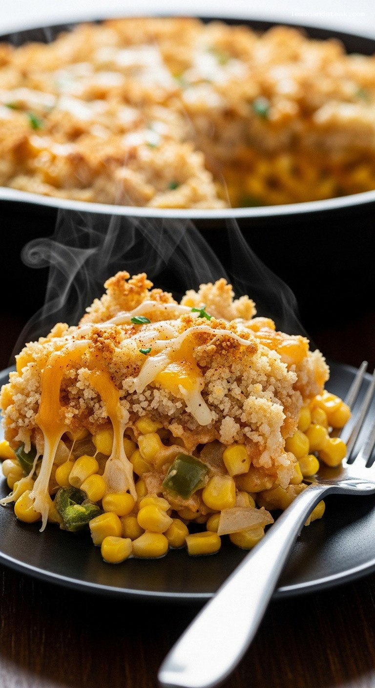 Spicy Jalapeño Creamed Corn Casserole With Golden Crust – Closeup
