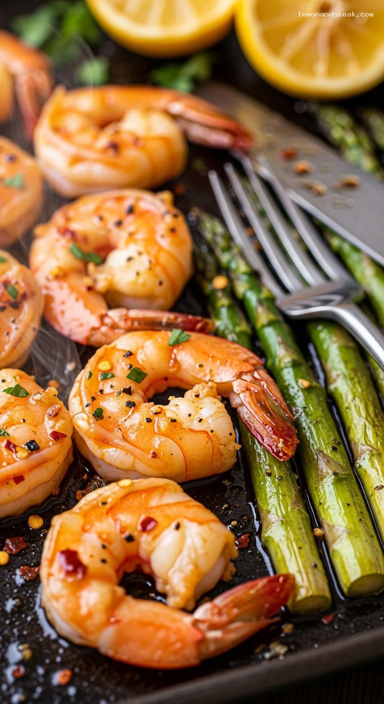 Spicy Lemon-Pepper Shrimp and Asparagus Sheet Pan Dinner – Closeup
