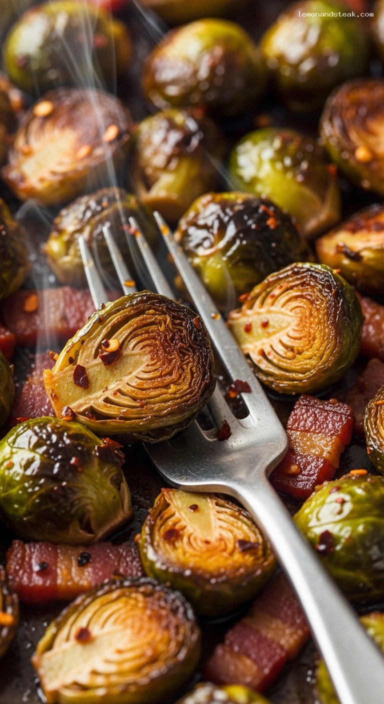 Spicy Maple Chili Roasted Brussels Sprouts With Bacon – Closeup