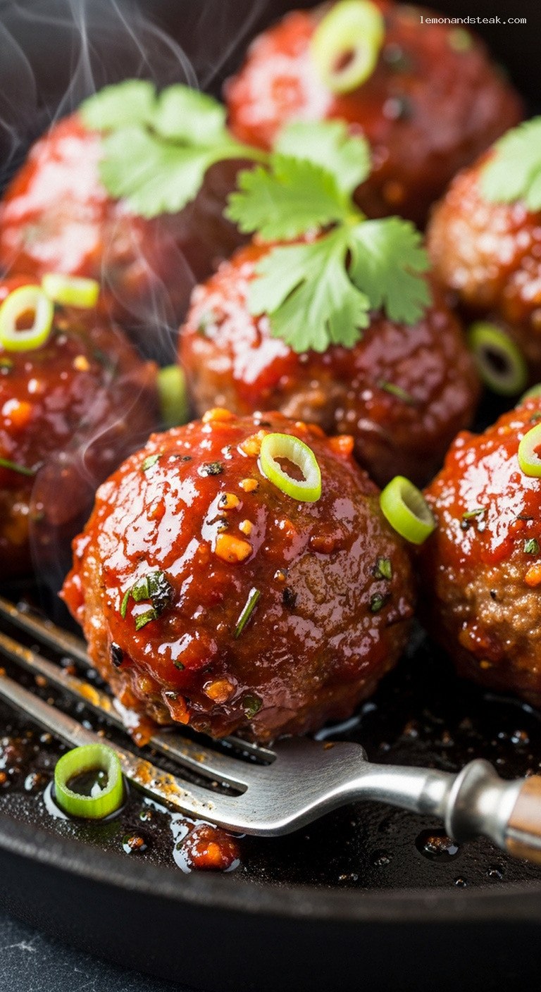 Spicy Maple Sriracha Glazed Meatballs with Fresh Herbs – Closeup