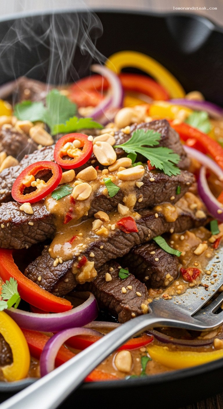 Spicy Peanut Butter Beef Satay Stir-Fry with Peppers – Closeup