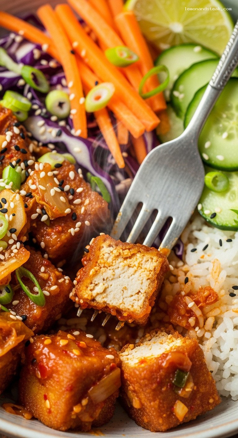 Spicy Peanut Butter Kimchi Fried Tofu Bowls – Closeup