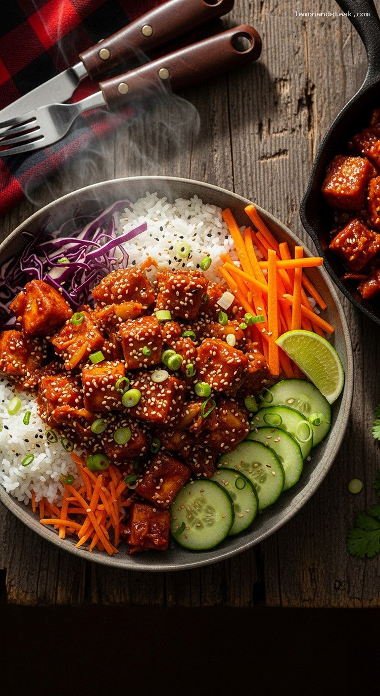 Spicy Peanut Butter Kimchi Fried Tofu Bowls