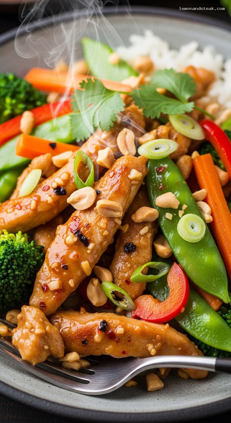 Spicy Peanut Chicken Stir-Fry with Lime and Ginger – Closeup