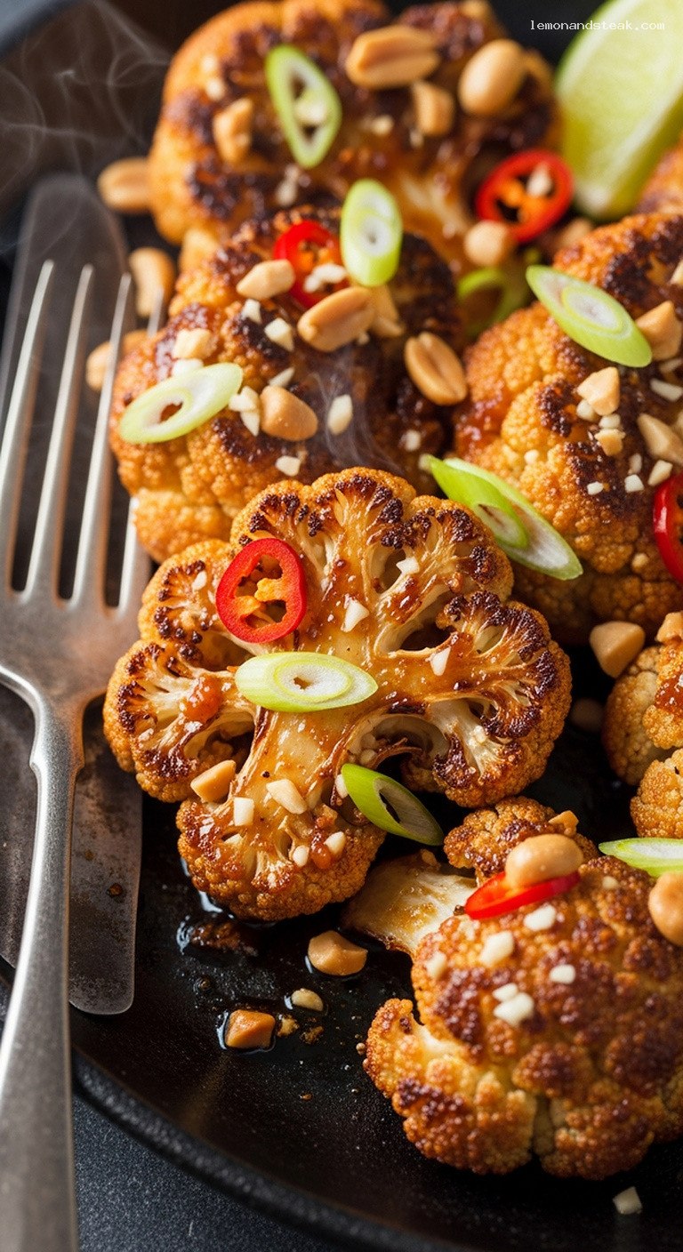 Spicy Peanut Chili Roasted Cauliflower With Lime – Closeup