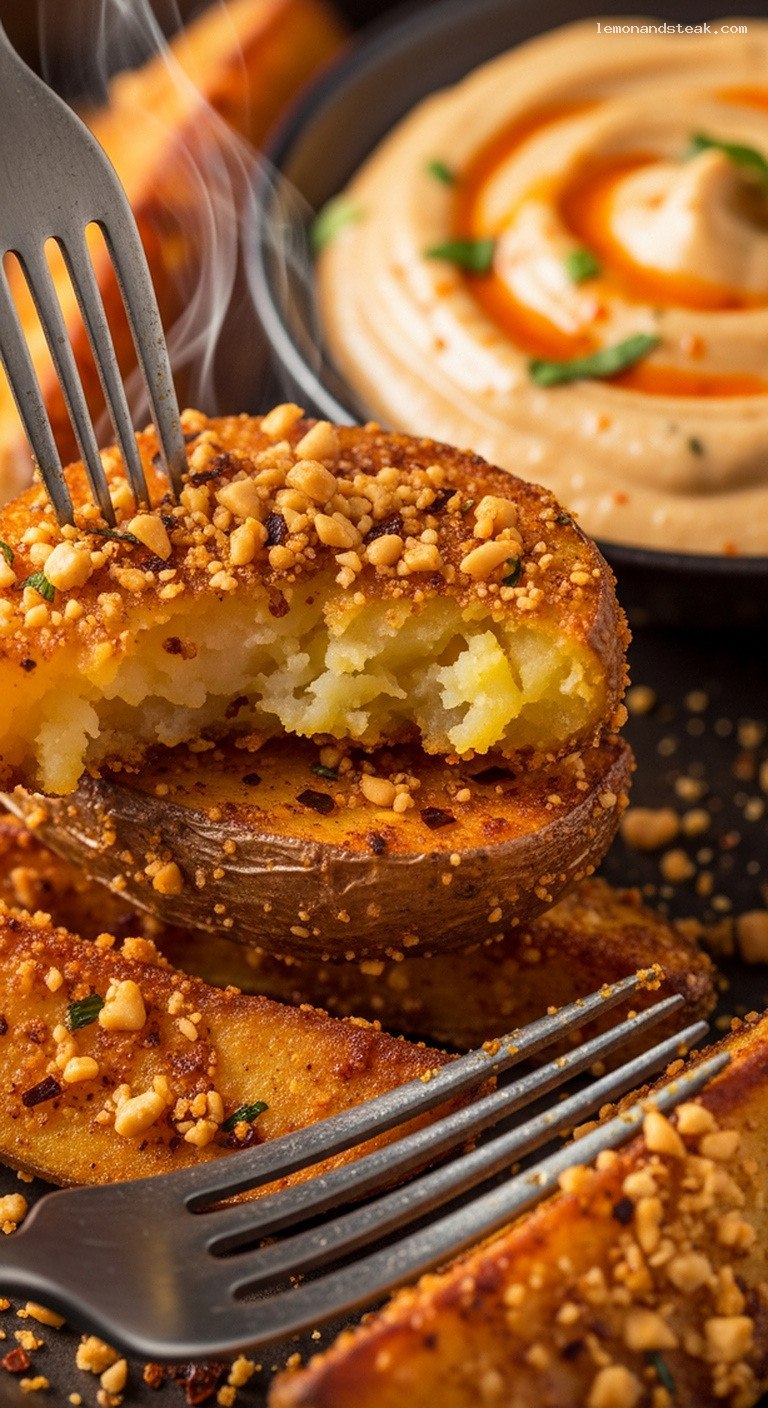 Spicy Peanut-Crusted Potato Wedges With Creamy Dip – Closeup