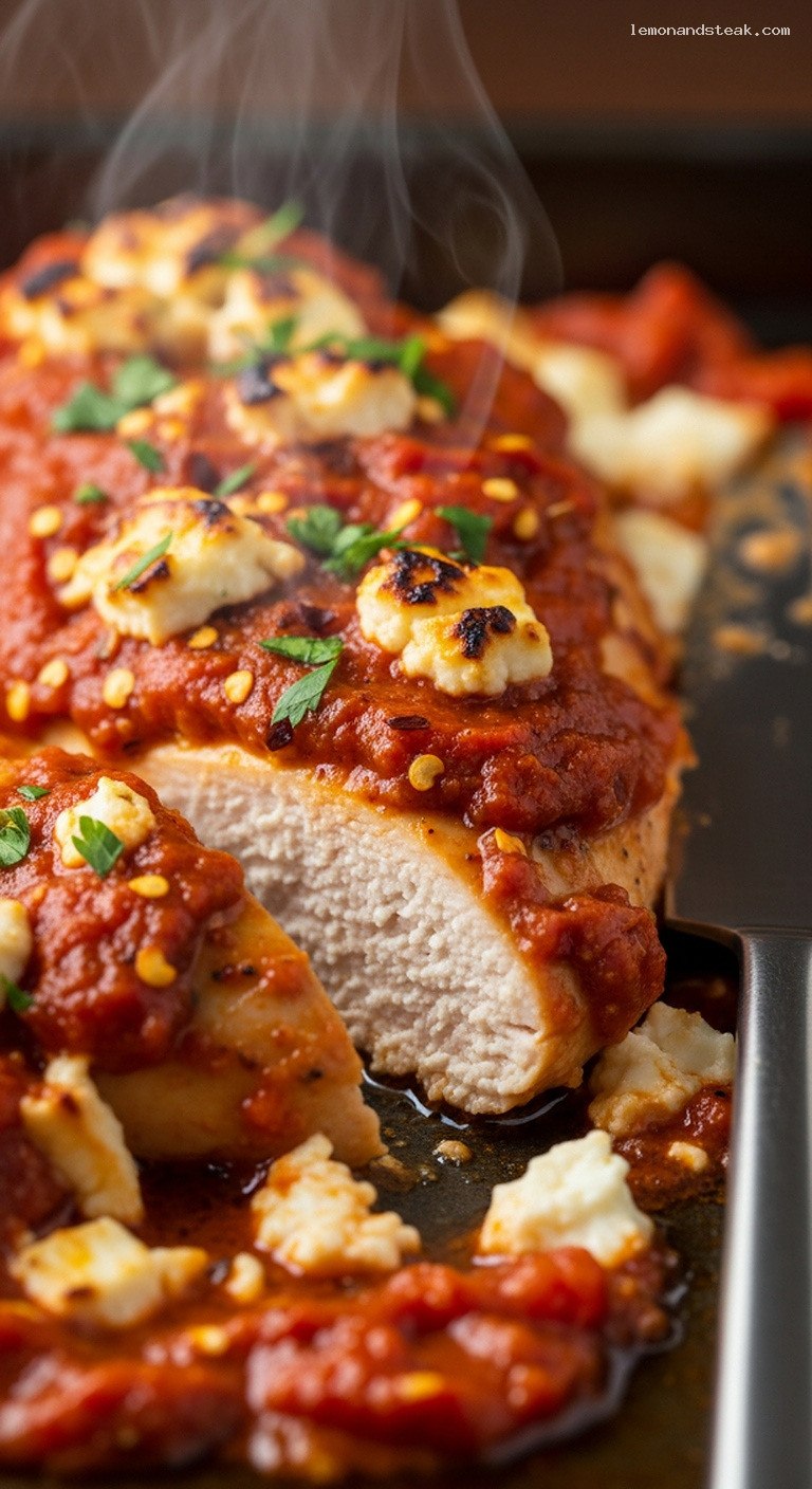 Spicy Roasted Red Pepper Feta Chicken Bake – Closeup