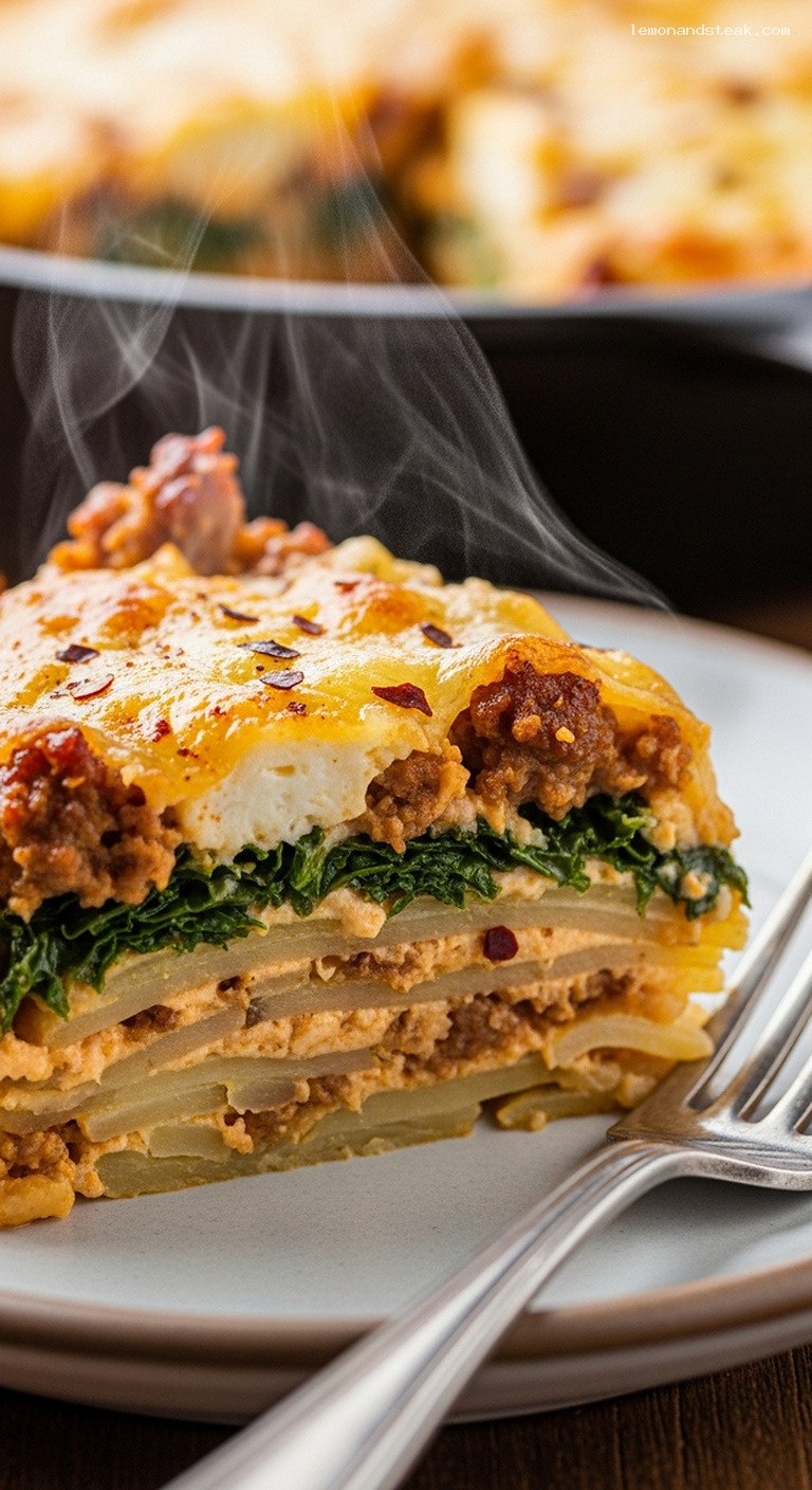 Spicy Sausage and Kale White Cheddar Potato Bake – Closeup