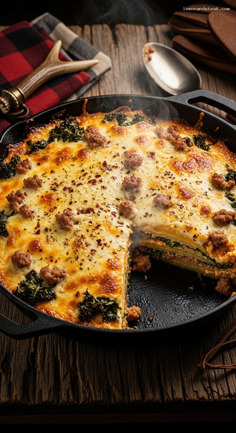 Spicy Sausage and Kale White Cheddar Potato Bake