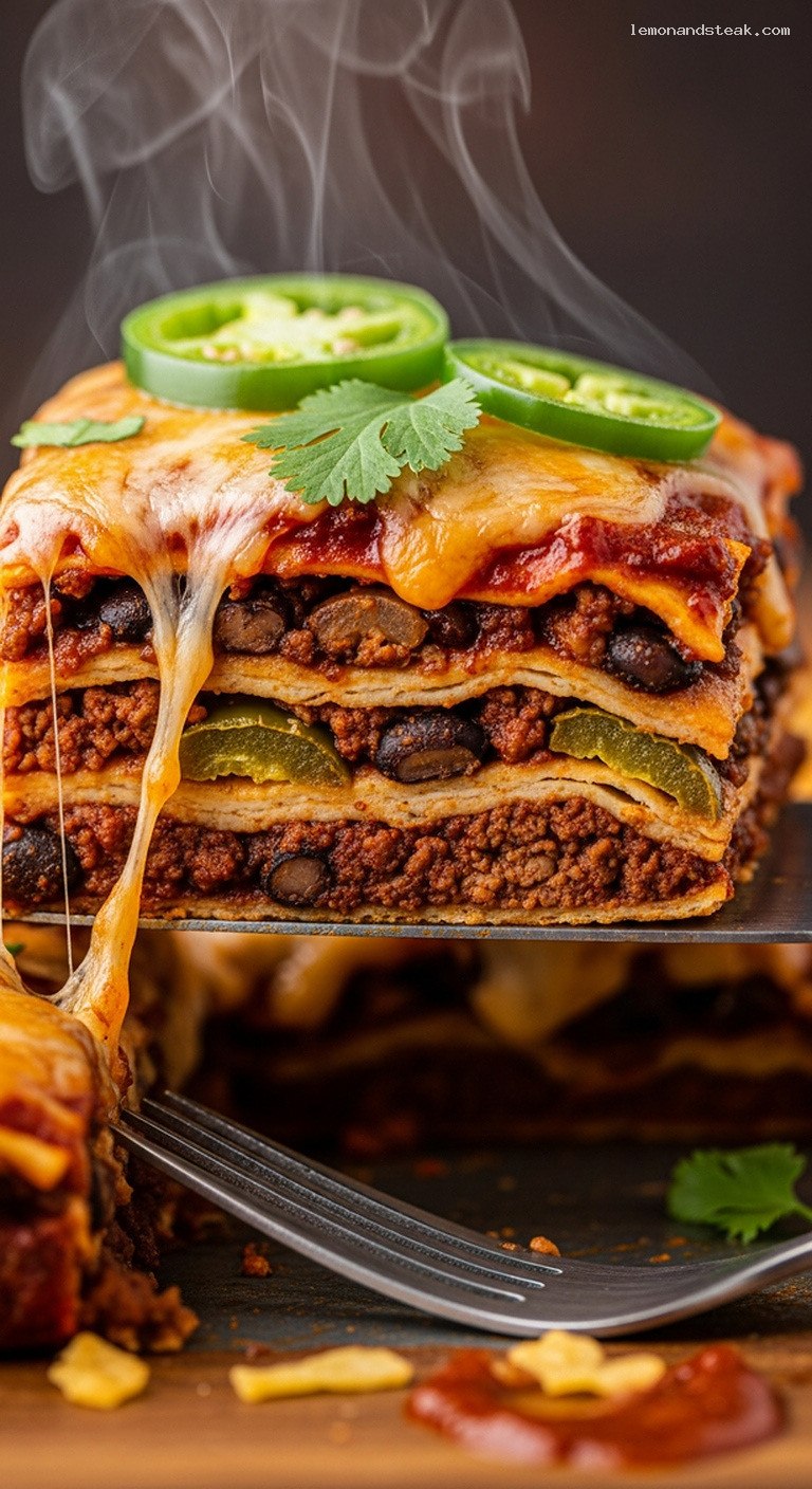 Spicy Tex-Mex Black Bean and Beef Enchilada Bake – Closeup