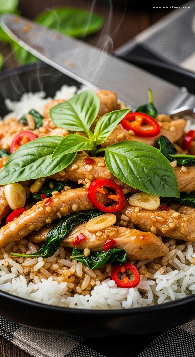 Spicy Thai Basil Chicken Stir-Fry With Jasmine Rice – Closeup