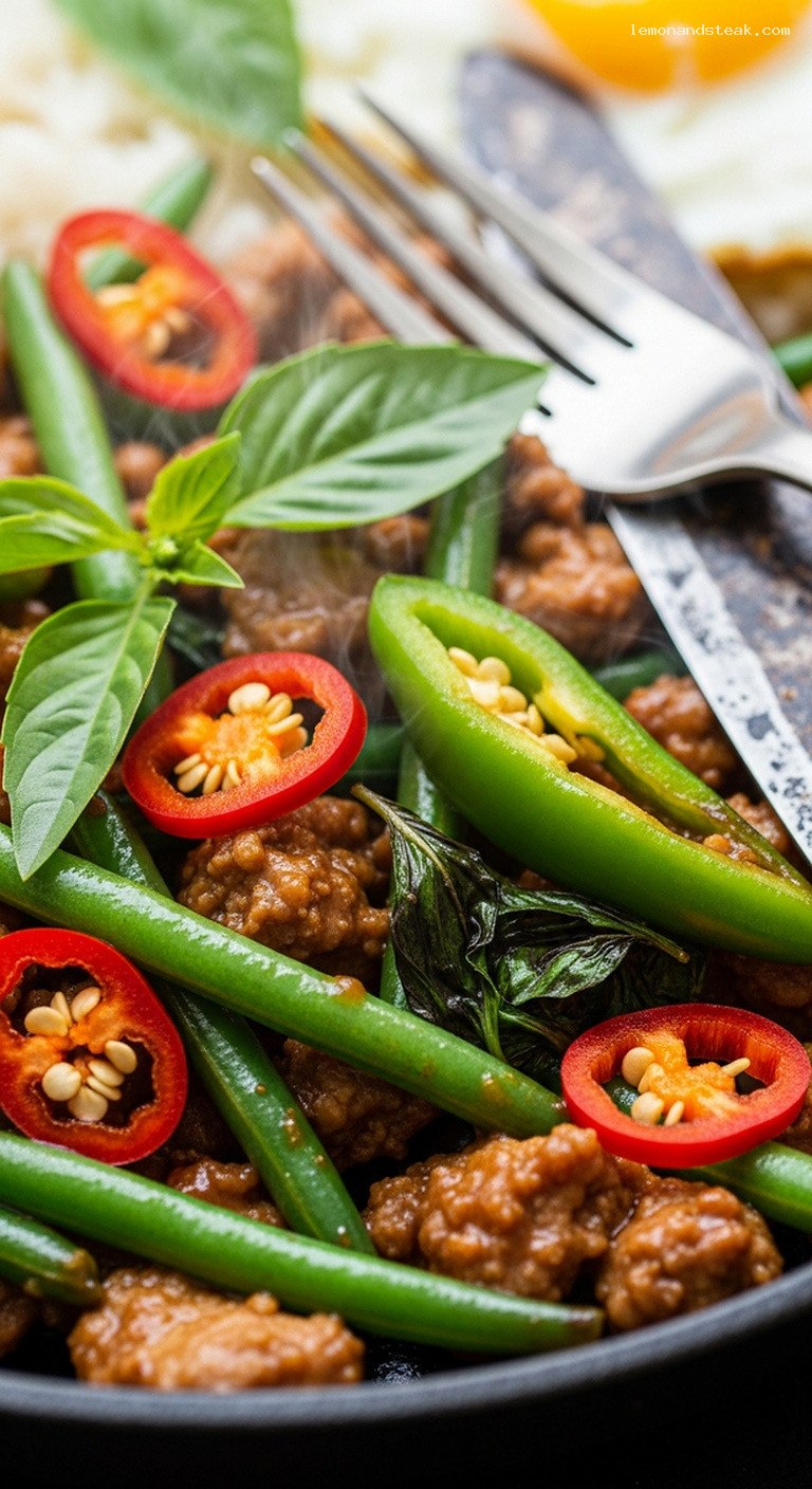 Spicy Thai Basil Pork With Green Beans – Closeup