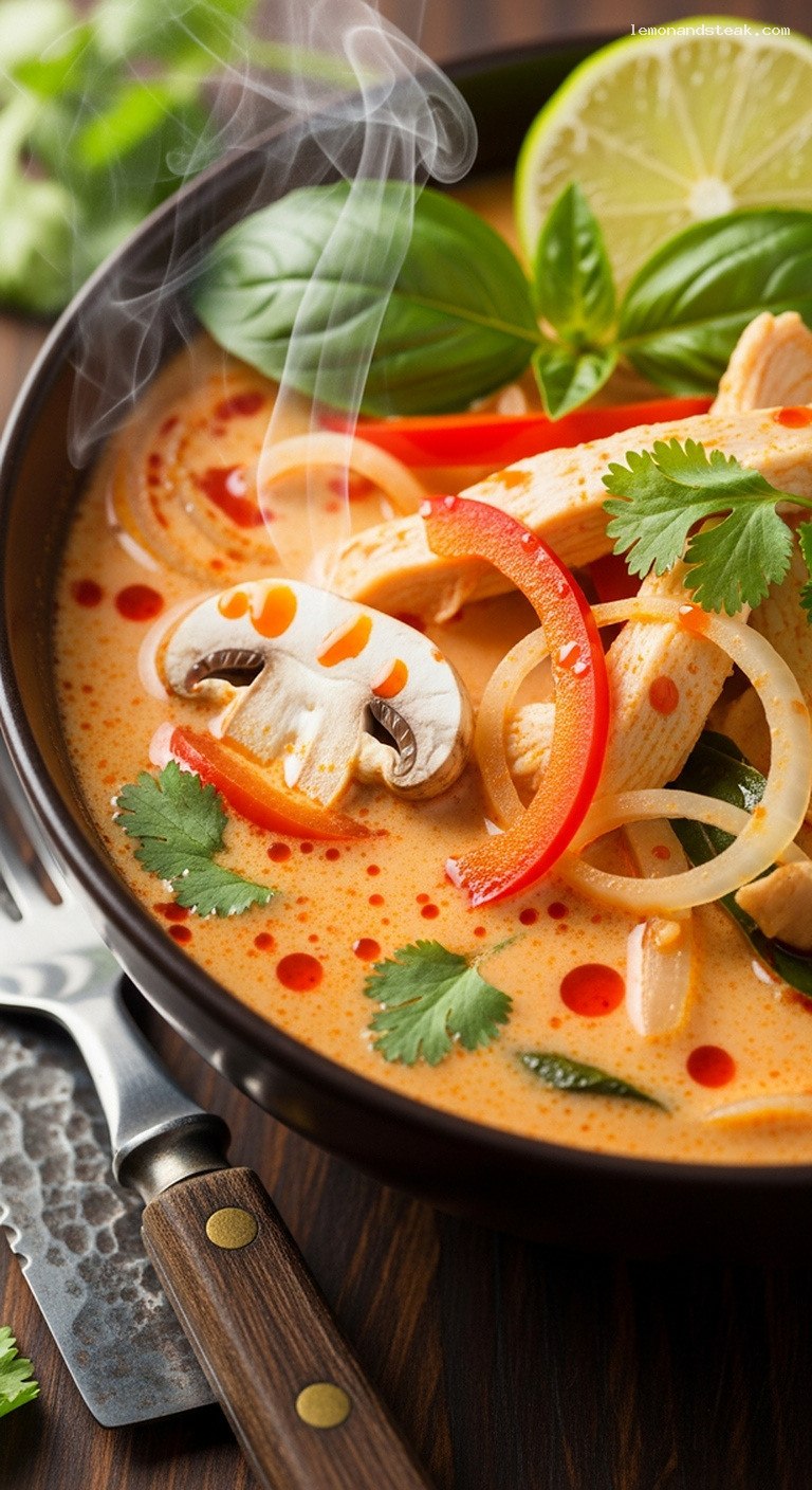 Spicy Thai Coconut Chicken Soup With Red Curry – Closeup