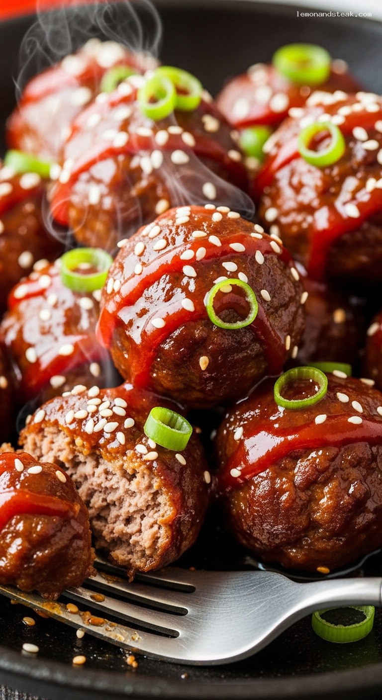 Spicy Thai Sweet Chili Pork Meatballs with Lime and Scallions – Closeup