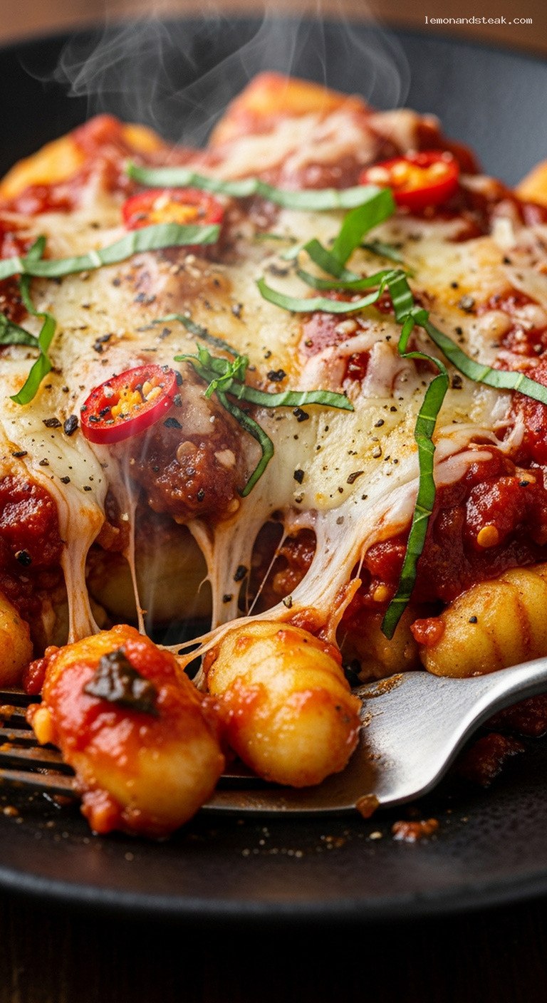 Spicy Tomato-Basil Baked Gnocchi with Mozzarella – Closeup