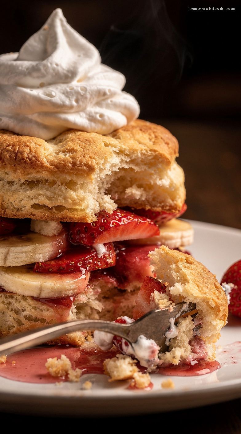 Strawberry Banana Shortcake With Flaky Biscuits and Vanilla Cream – Closeup