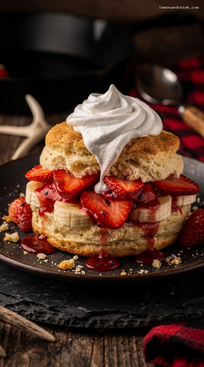 Strawberry Banana Shortcake With Flaky Biscuits and Vanilla Cream