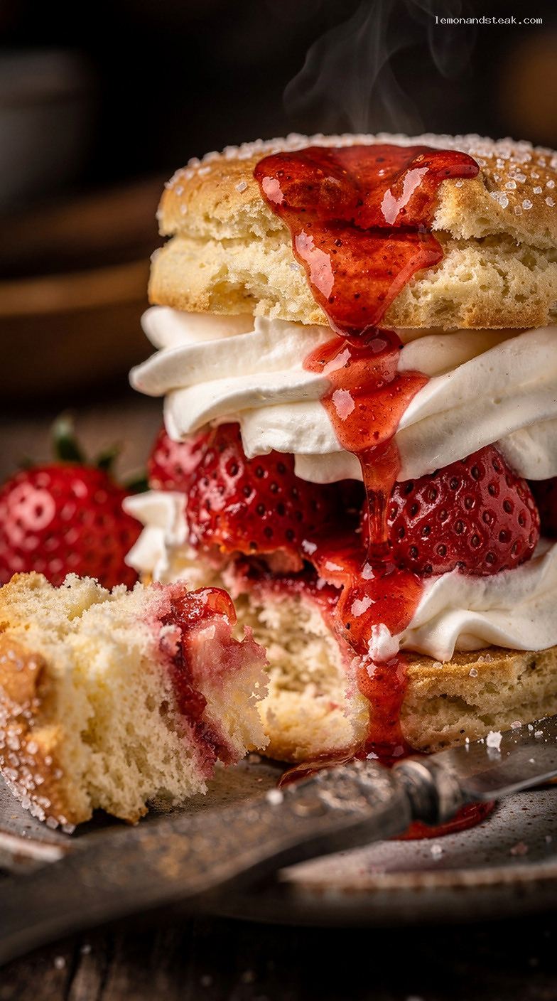Strawberry Shortcake Biscuits With Warm Strawberry Jam Swirl – Closeup
