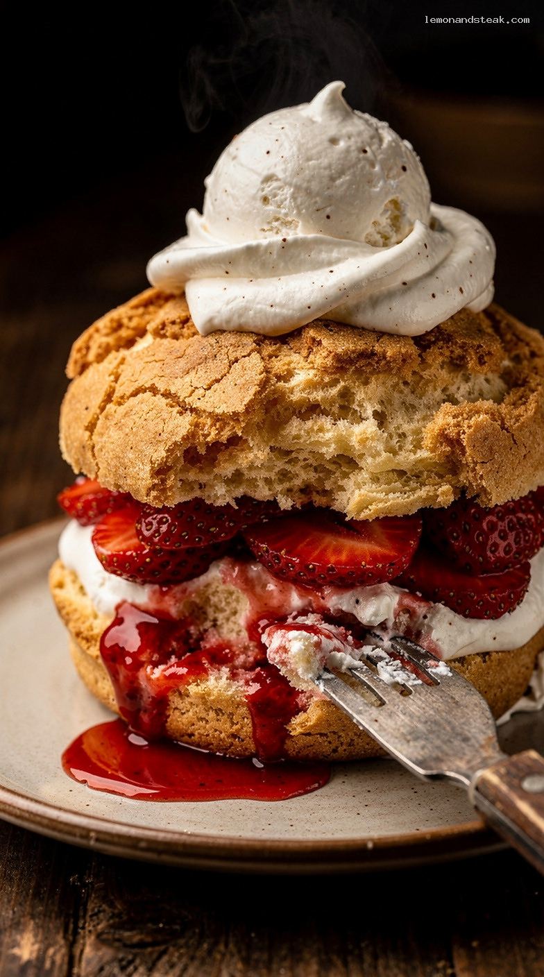 Strawberry Shortcake With Buttery Drop Biscuits and Whipped Cream – Closeup