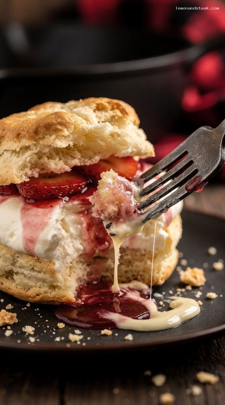 Strawberry Shortcake with Flaky Biscuits and Vanilla Custard Cream – Closeup