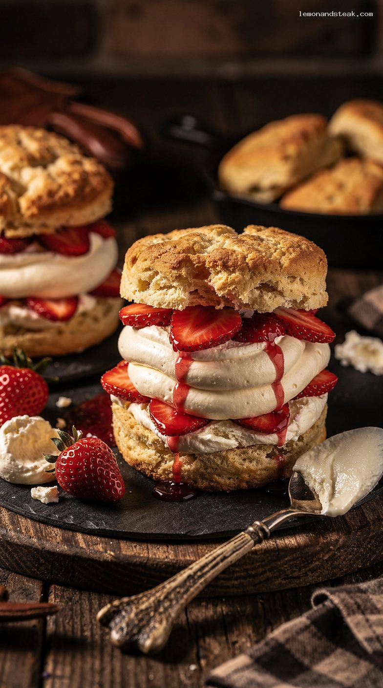 Strawberry Shortcake with Flaky Biscuits and Vanilla Custard Cream